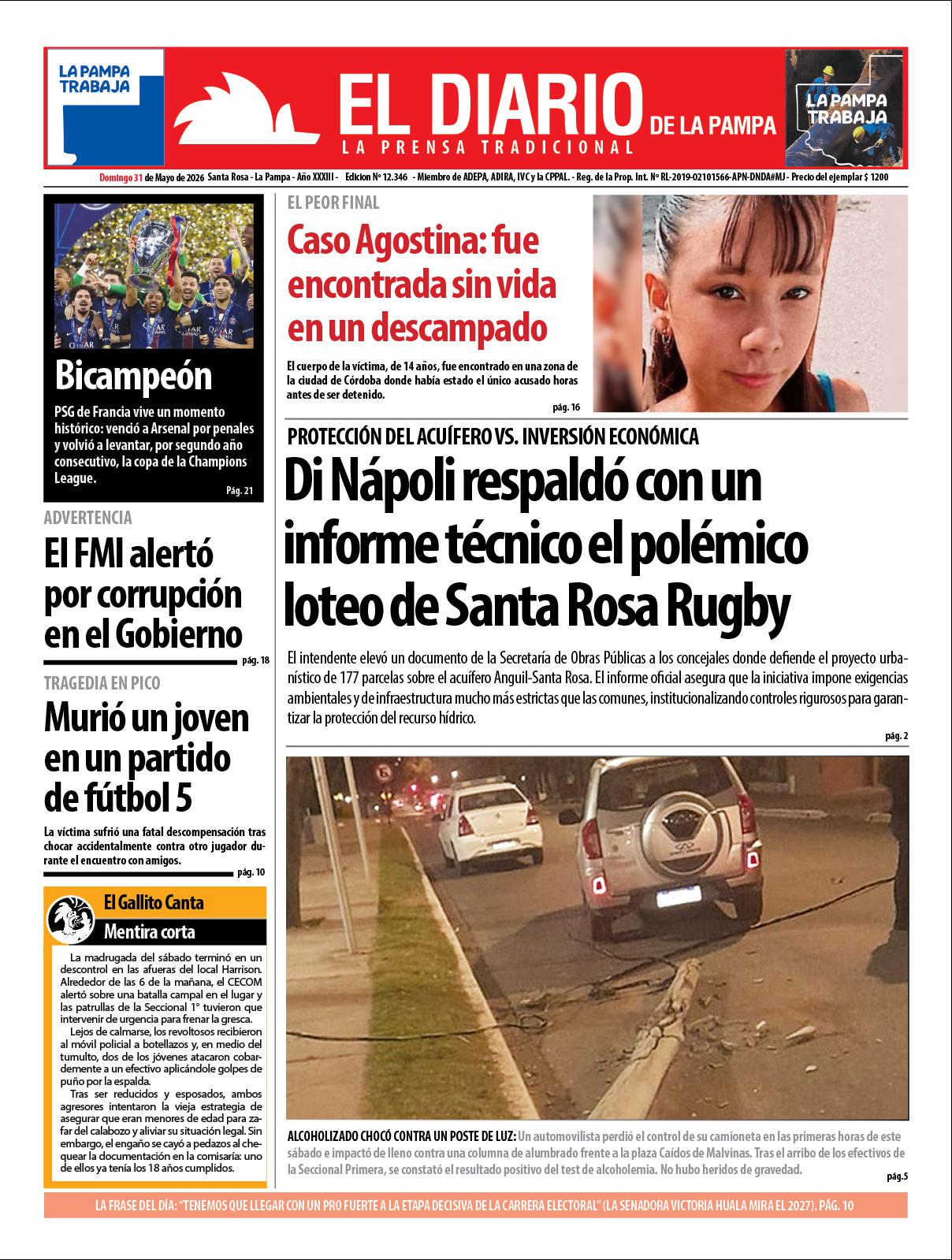 Tapa de El Diario en papel  domingo 31 de mayo de 2026
